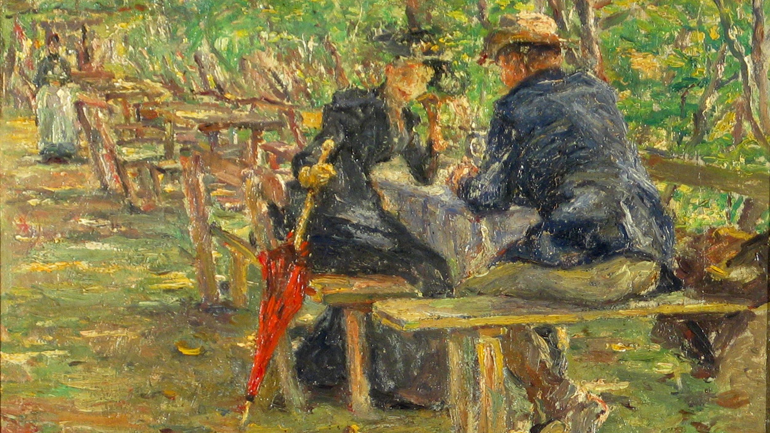 Öl-Gemälde von Adolf Hölzel, "Im Biergarten zur Alten Schießstätte", 2 Personen auf Bänken