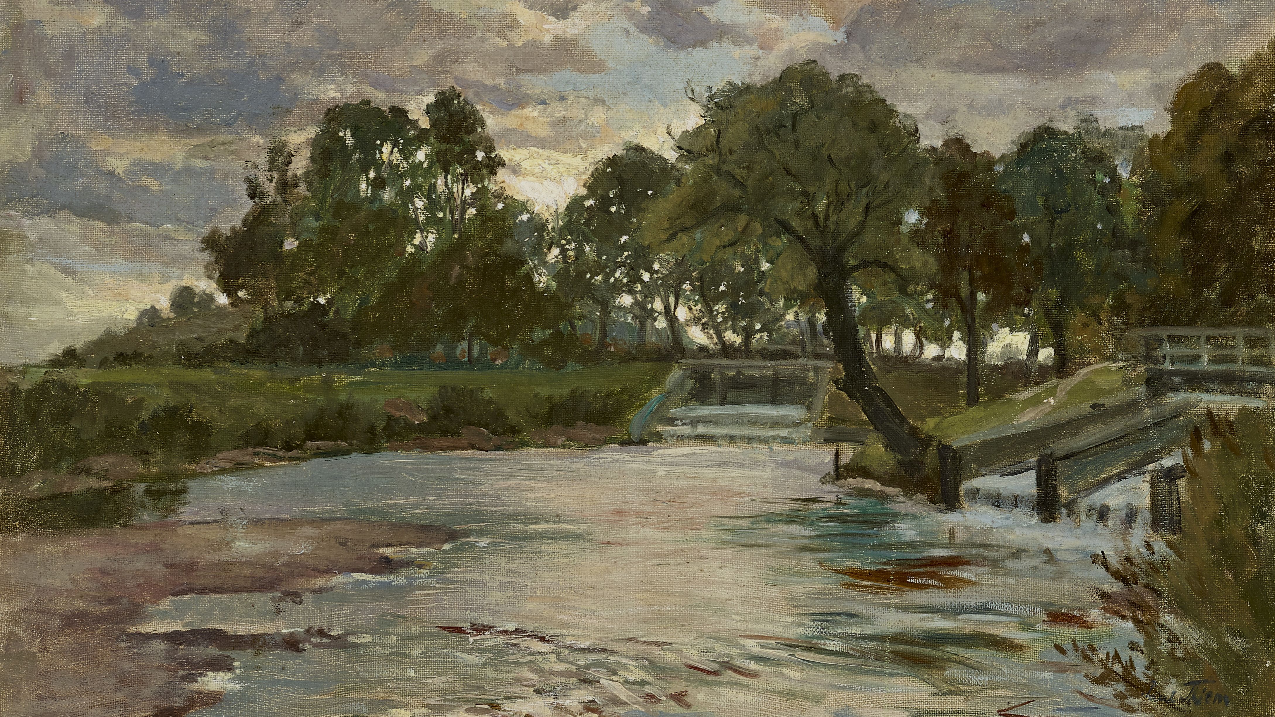 Painting by Paul Thiem, "Evening at the sluice on the River Amper weir"